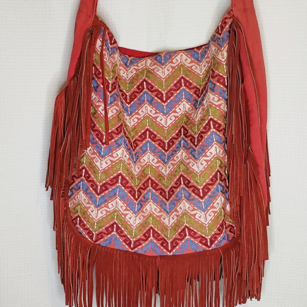 STUNNING Embroidered Leather Fringe Boho Western Messenger Shoulder Bag  Handbag